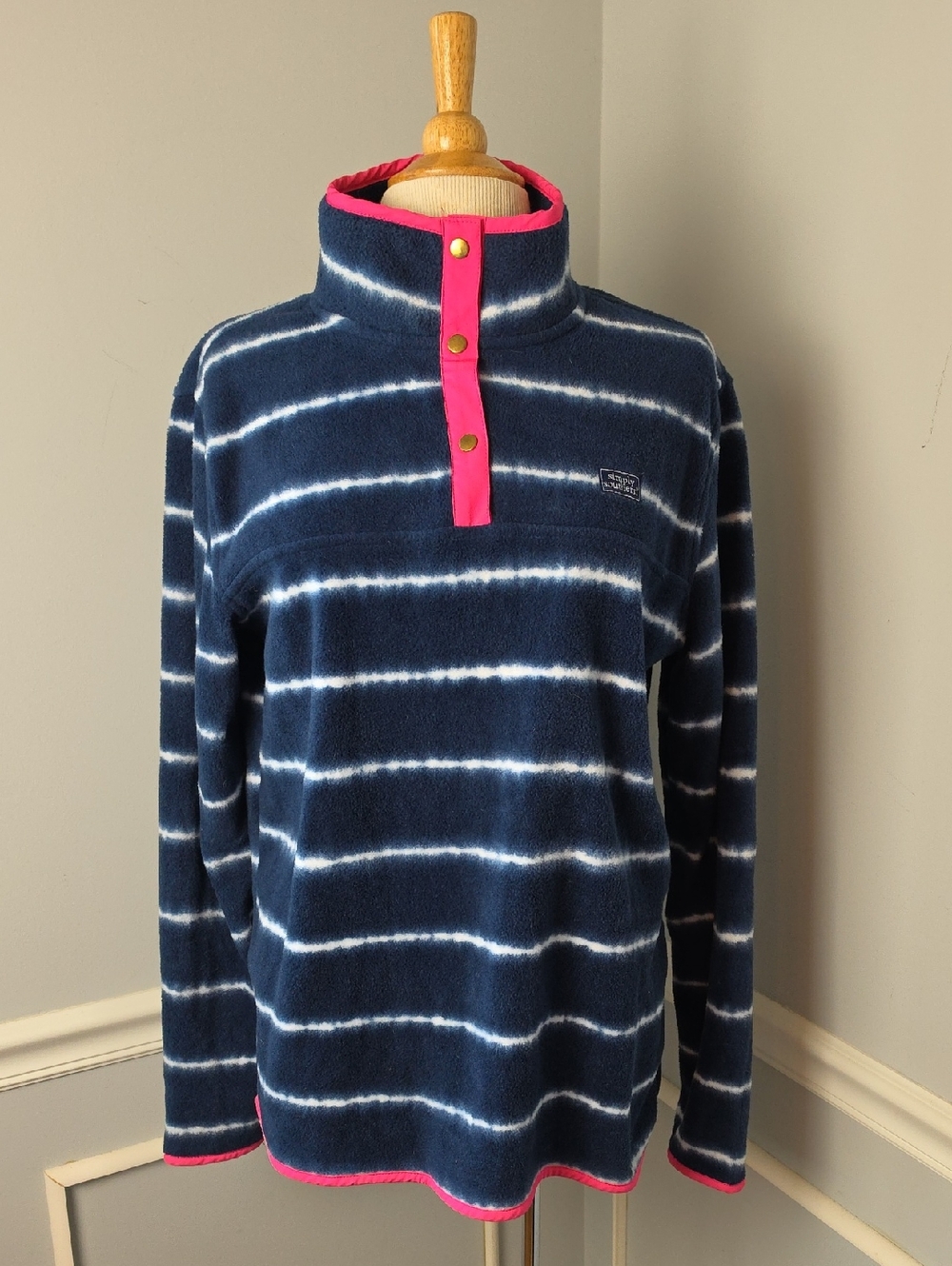 SIMPLY SOUTHERN Navy Blue Tie Dyed Hot Pink Trim Fleece Quarter Snap Jacket L